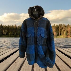 Levi's Blue and Black Plaid Jacket-Chore Jacket-Hooded-Fuzzy